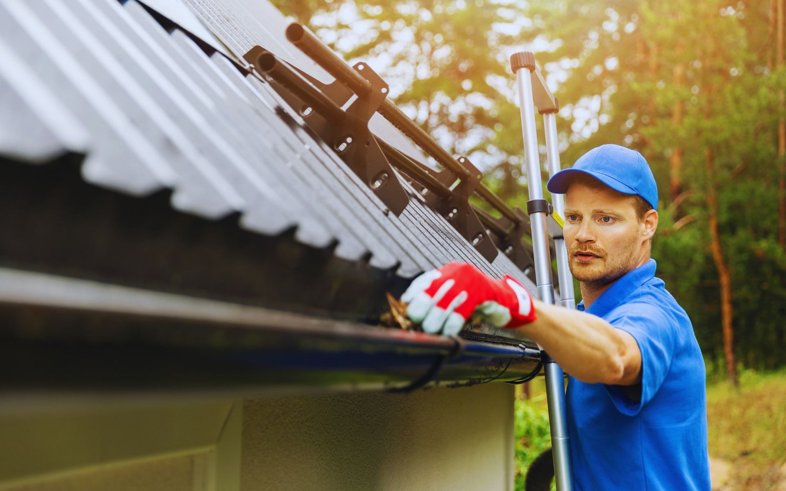 Professional cleaning leaves and debris from roof gutters